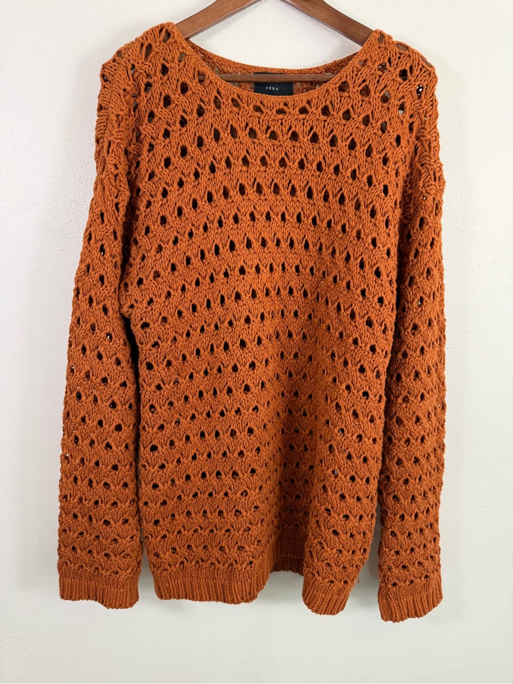 Pura Rust Open Knit Crochet Sweater Large Boho Long Sleeve Pullover